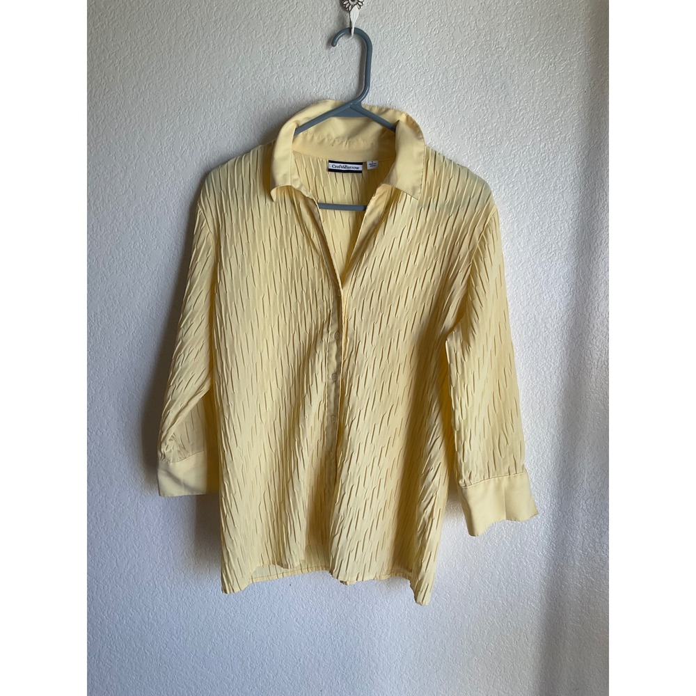Croft & Barrow Yellow Crinkle Pleated Button Down Shirt 3/4 Sleeve Large